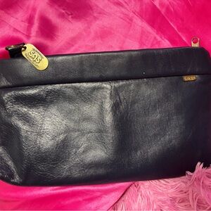 SJS Black Leather Clutch with Gold Accent Tag